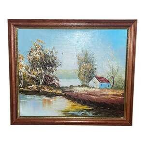 Vintage Framed Landscape Oil on Canvas Painting with Cabin by the Lake 9x10.5